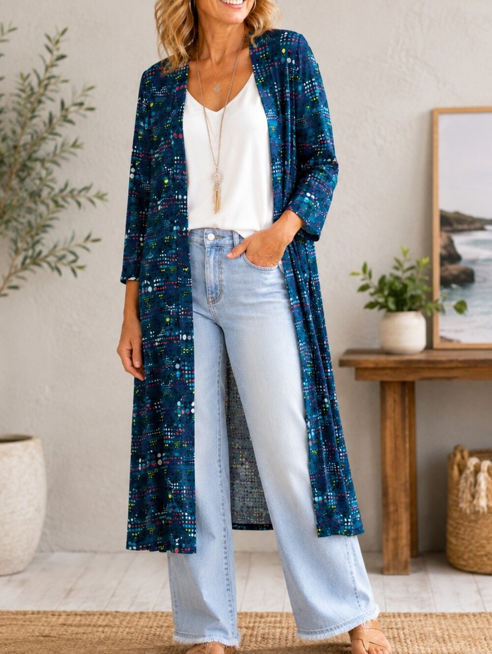 LuLaRoe Sarah Duster Cardigan M Multicolor Geometric Pockets Longline Stretch